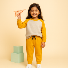 Kids Printed Fleece Tracksuit Raglan Mustard - Mini Charm
