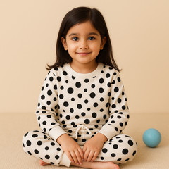 Kids Printed Fleece Tracksuit Polka Dots Black & White - Mini Charm