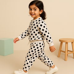 Kids Printed Fleece Tracksuit Polka Dots Black & White - Mini Charm