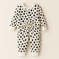 Kids Printed Fleece Tracksuit Polka Dots Black & White - Mini Charm