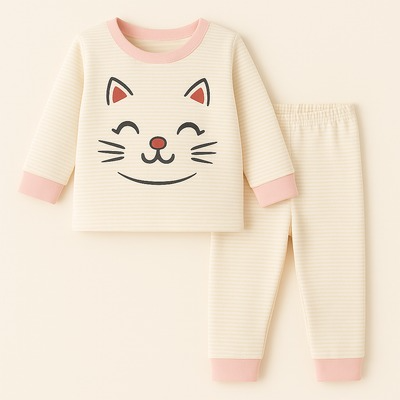 Baby Warm Pajama Set Kitty Stripes Pink - Sunshine