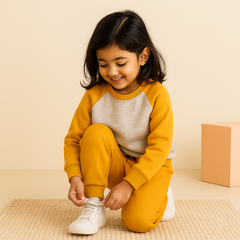 Kids Printed Fleece Tracksuit Raglan Mustard - Mini Charm