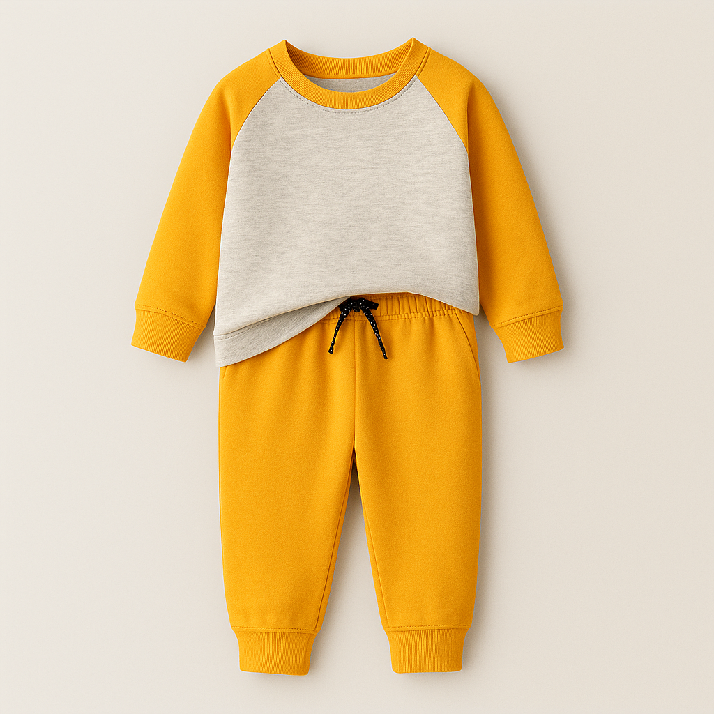 Kids Printed Fleece Tracksuit Raglan Mustard - Mini Charm