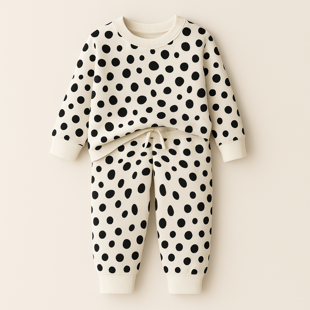 Kids Printed Fleece Tracksuit Polka Dots Black & White - Mini Charm